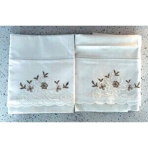 Vintage Cotton Metallic Gold/White Machine Floral Embroidered Pillowcases 1 Pair